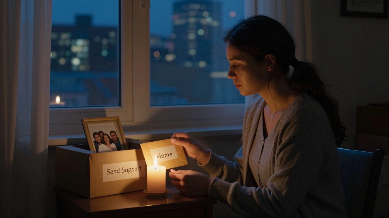 An immigrant woman sending financial support home, lit by a single candle in her apartment.