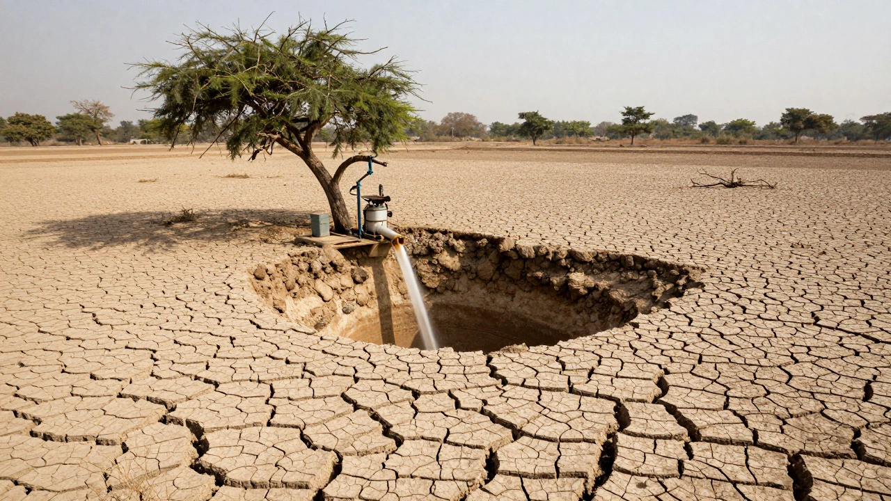 Cracked land and dry aquifers in India with pumps draining groundwater beneath barren soil.