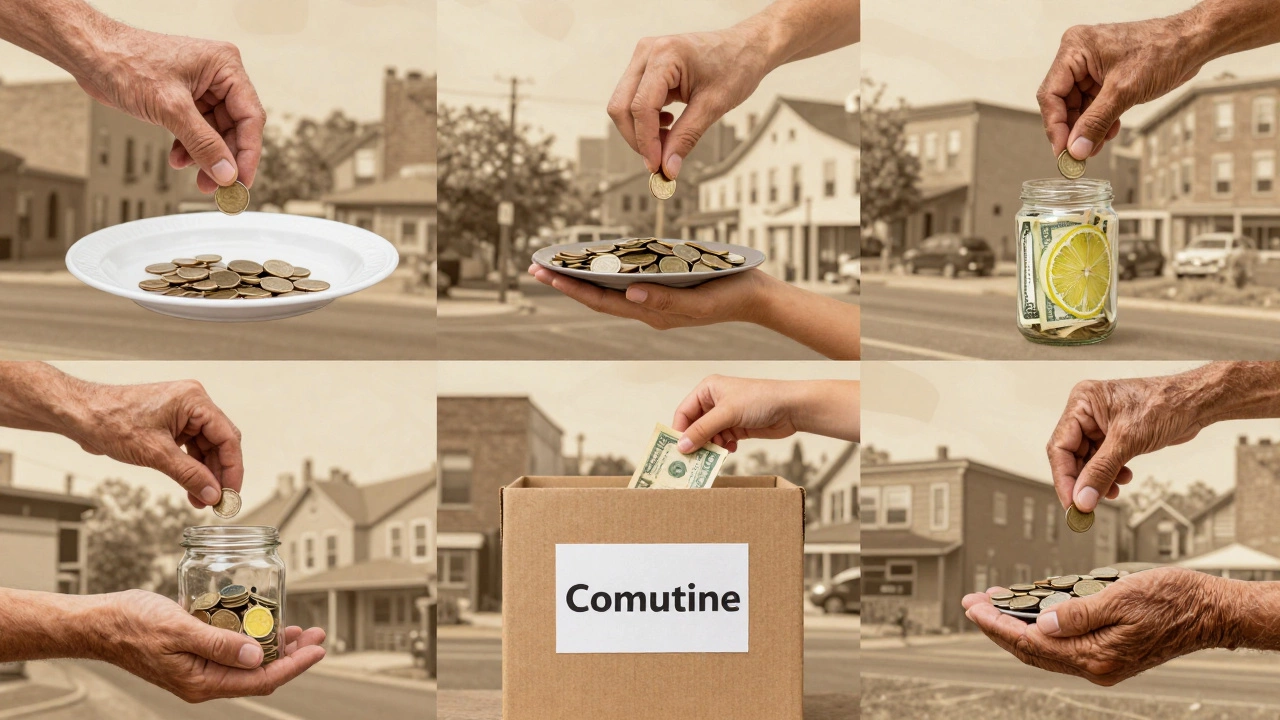 Diverse hands donating coins and bills into community collection boxes.