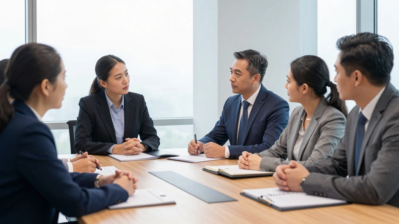Diverse professionals discussing documents in a boardroom.