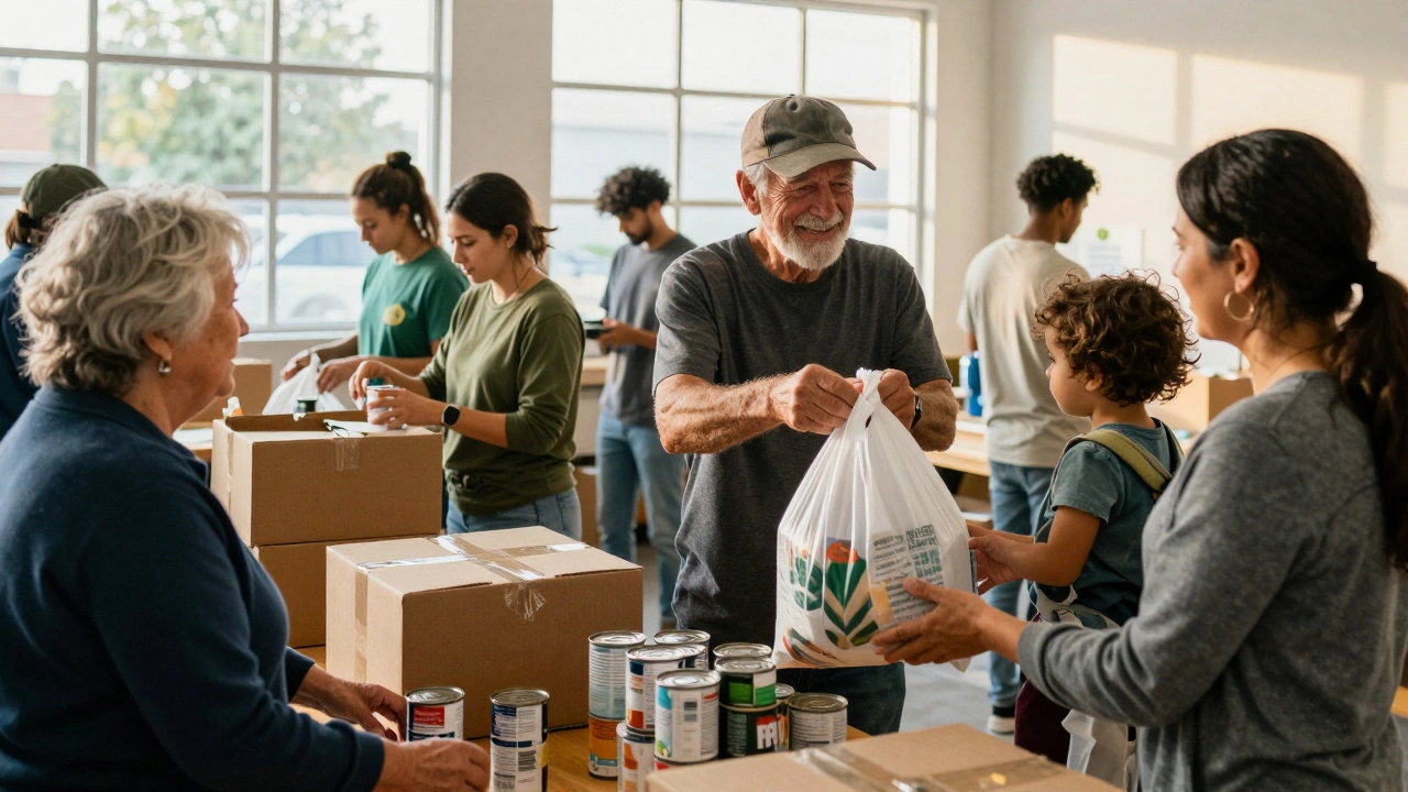 Diverse volunteers sorting food donations at a community pantry during afternoon hours.