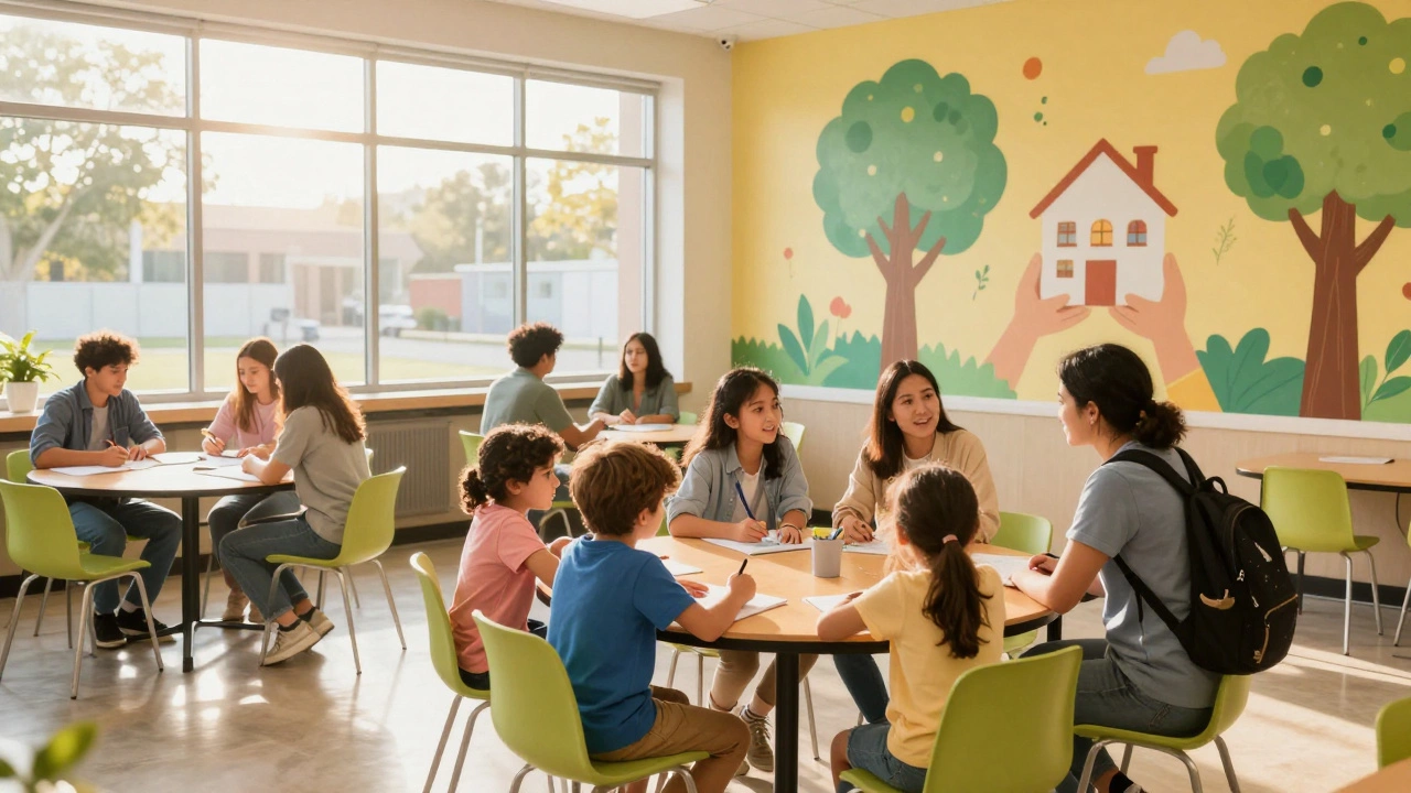 Families together in a community center with children, parents, and peer support workers.