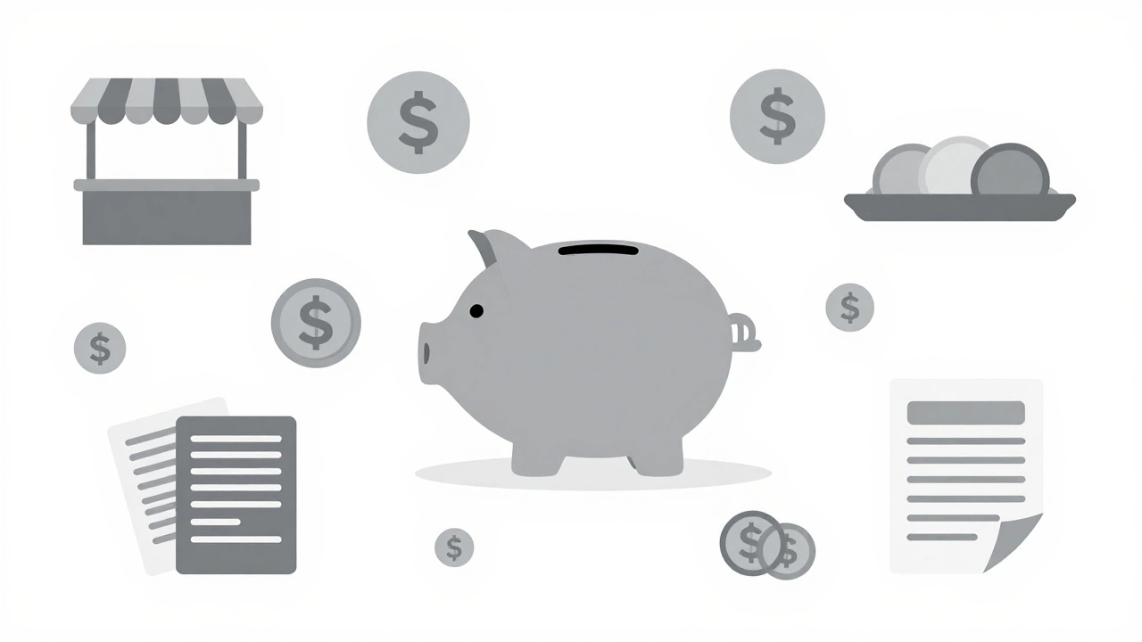 Illustration of fundraising expenses surrounding a savings bank.