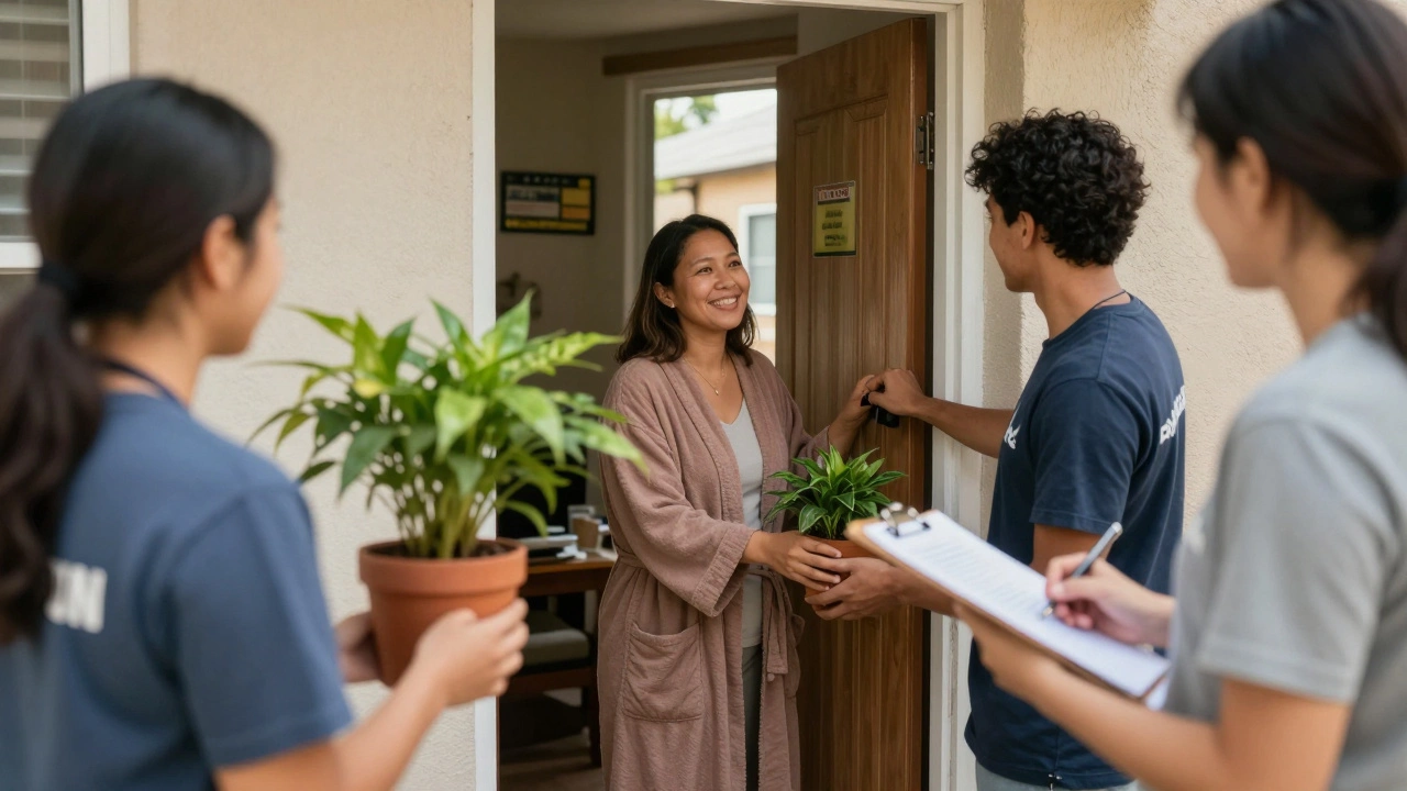 Volunteers knock on an apartment door, offering a plant as a resident listens warmly from inside.