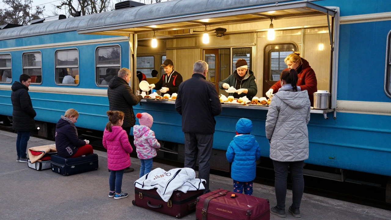 Volunteers serving meals to displaced families in a train station, suitcases and blankets scattered around.
