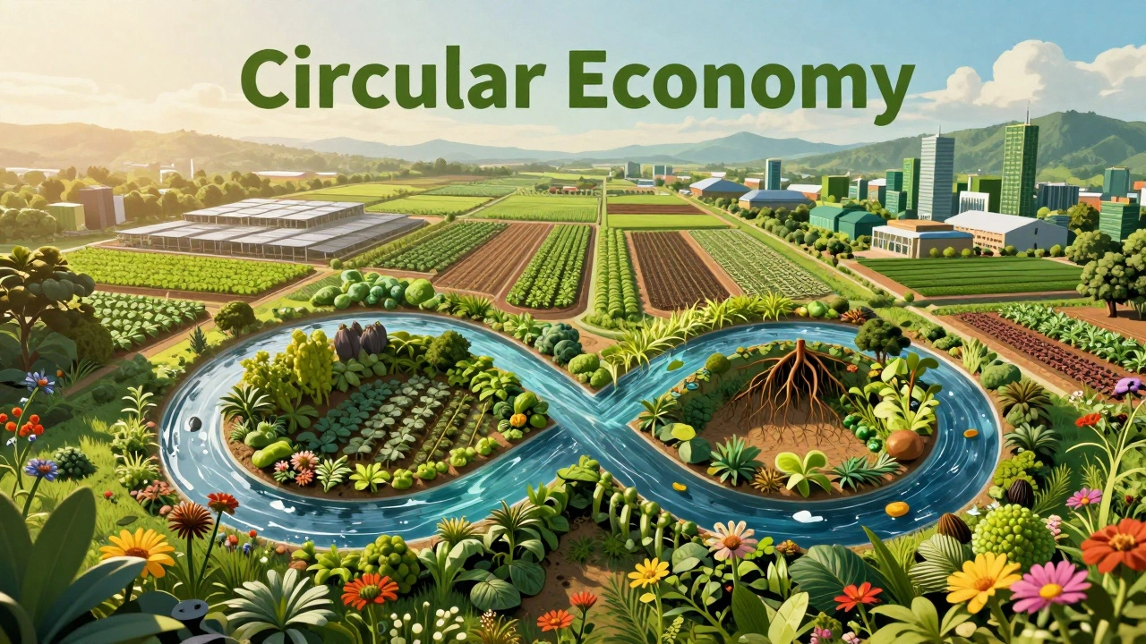 A sustainable landscape featuring regenerative farming and a circular economy symbol in golden light.