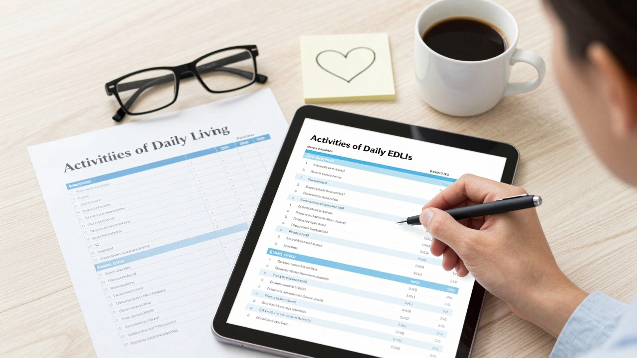 Caregiver's workspace with a medical checklist and payroll timesheet