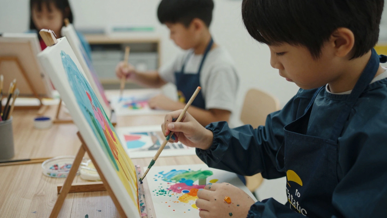 Child calmly painting in an art club to relieve stress