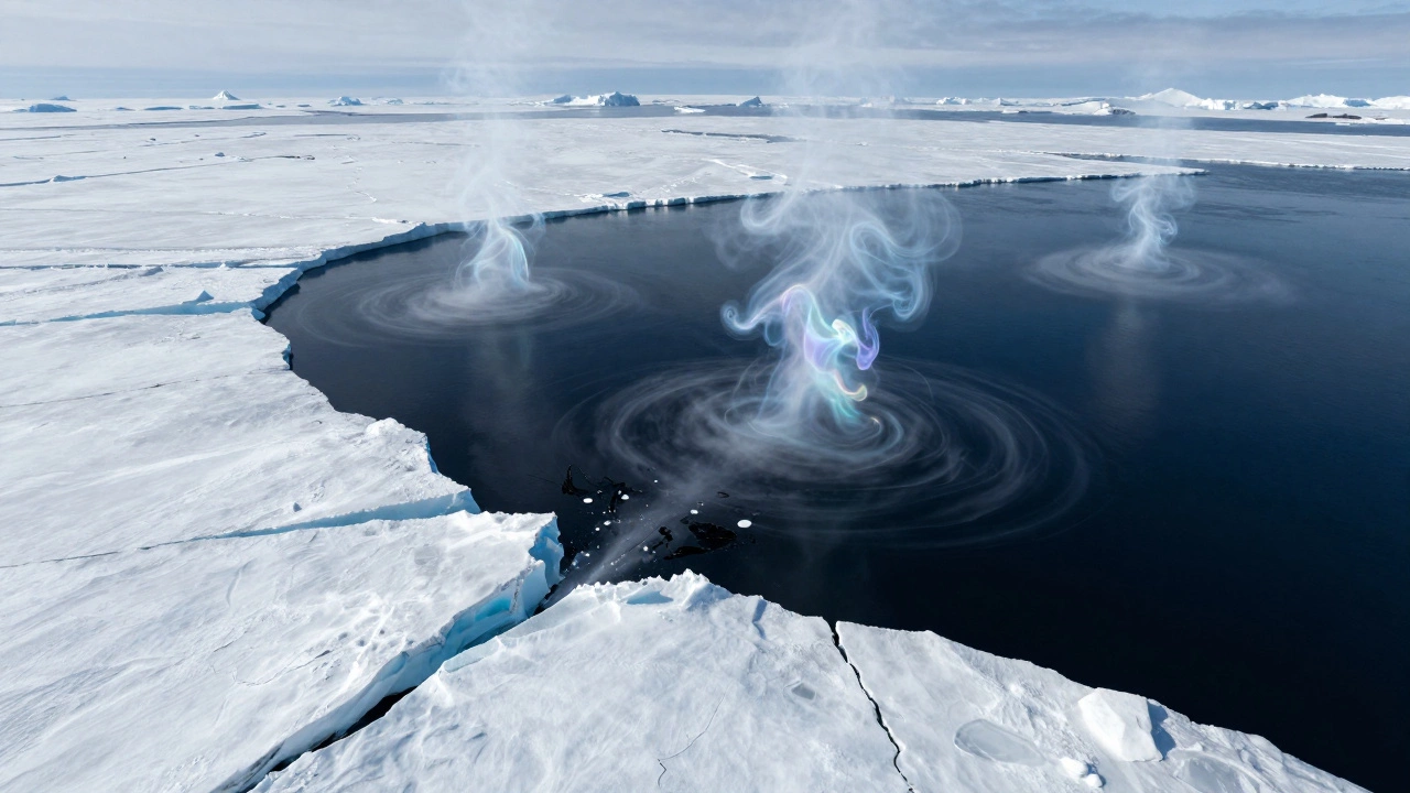 Melting Arctic ice revealing dark water with iridescent methane gas plumes rising from the tundra.