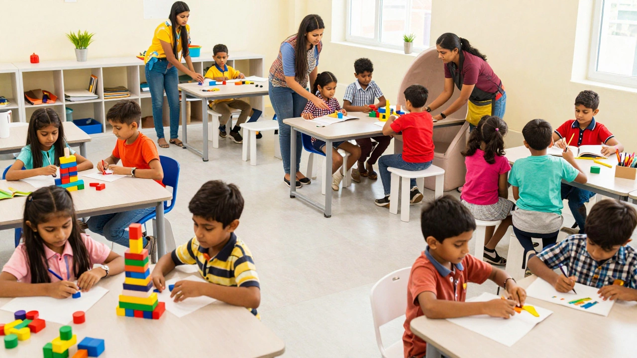 Children playing with blocks and paint in a bright, active classroom