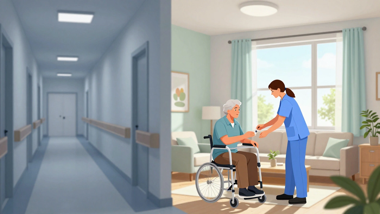 Contrast between sterile nursing home and warm home-based elder care