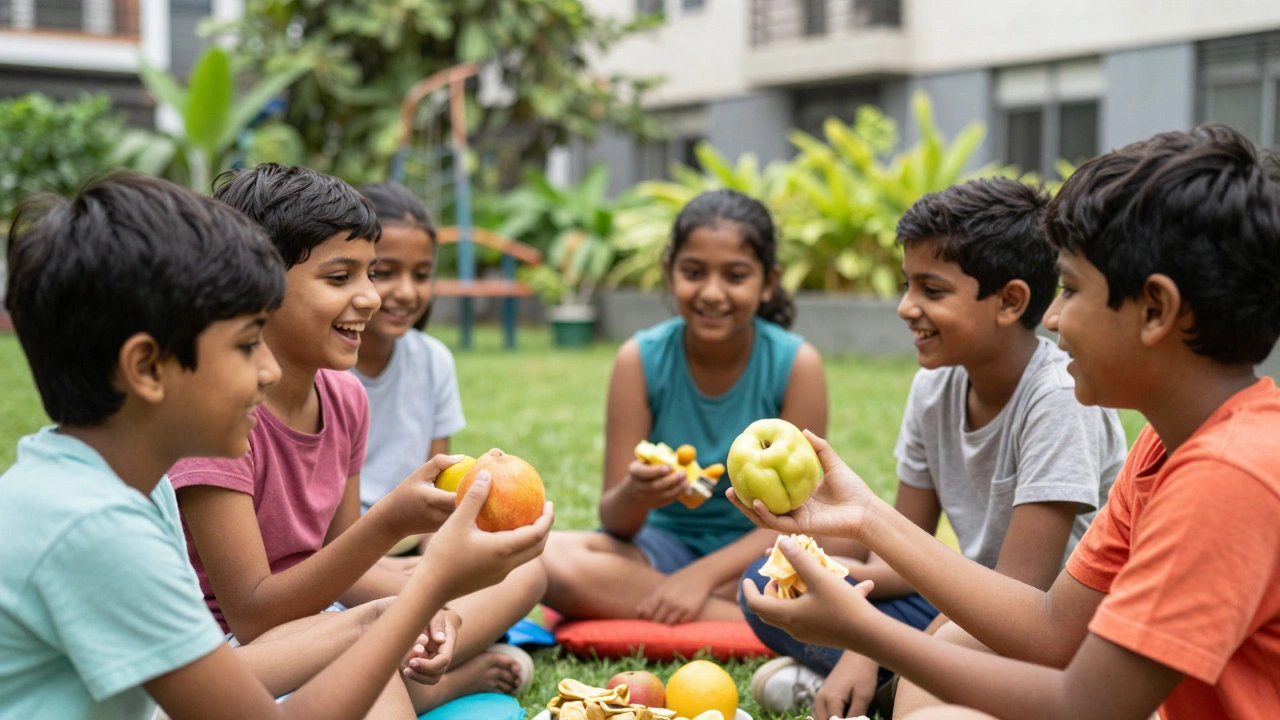 Diverse group of kids eating healthy snacks together in an outdoor garden