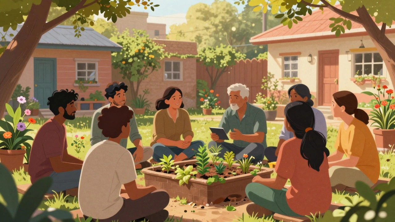 Diverse neighbors connecting face-to-face in a sunny courtyard, rebuilding community ties.