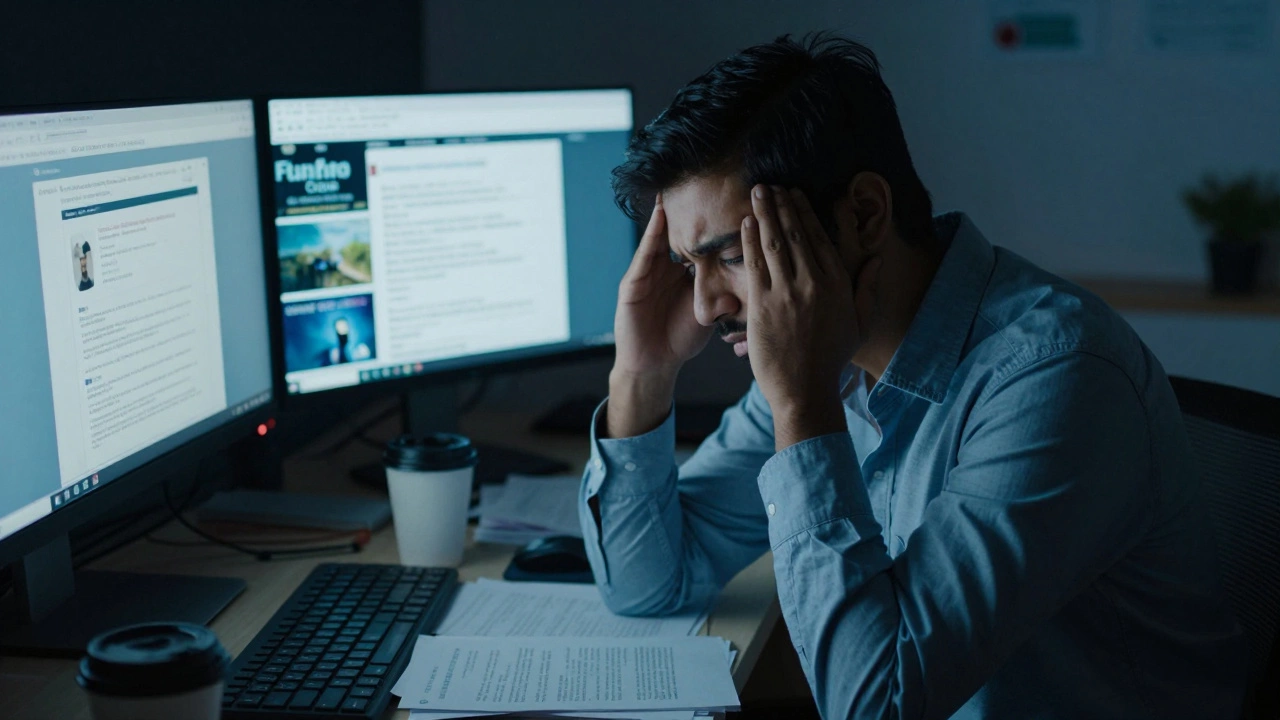 Exhausted worker at a desk surrounded by screens, illustrating burnout and time poverty.