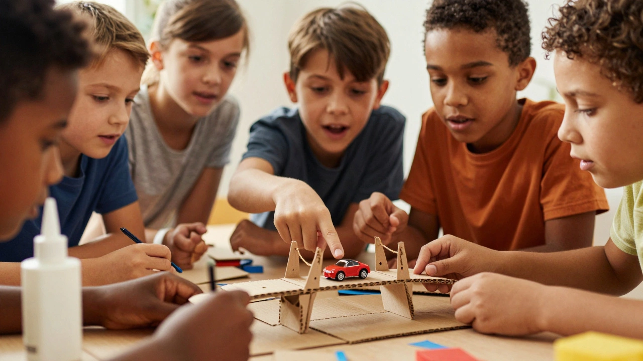 Group of children collaborating on a cardboard engineering project.