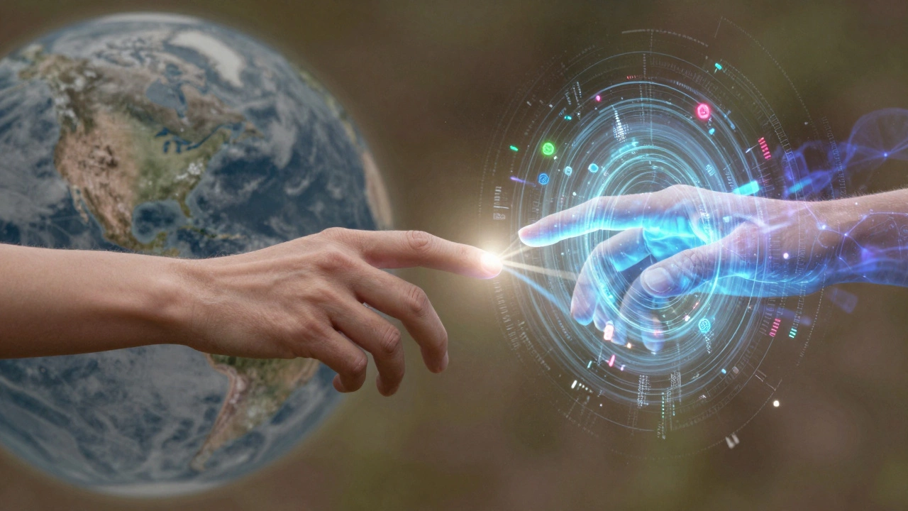 Hand reaching out to meet a holographic digital hand in a surreal blend