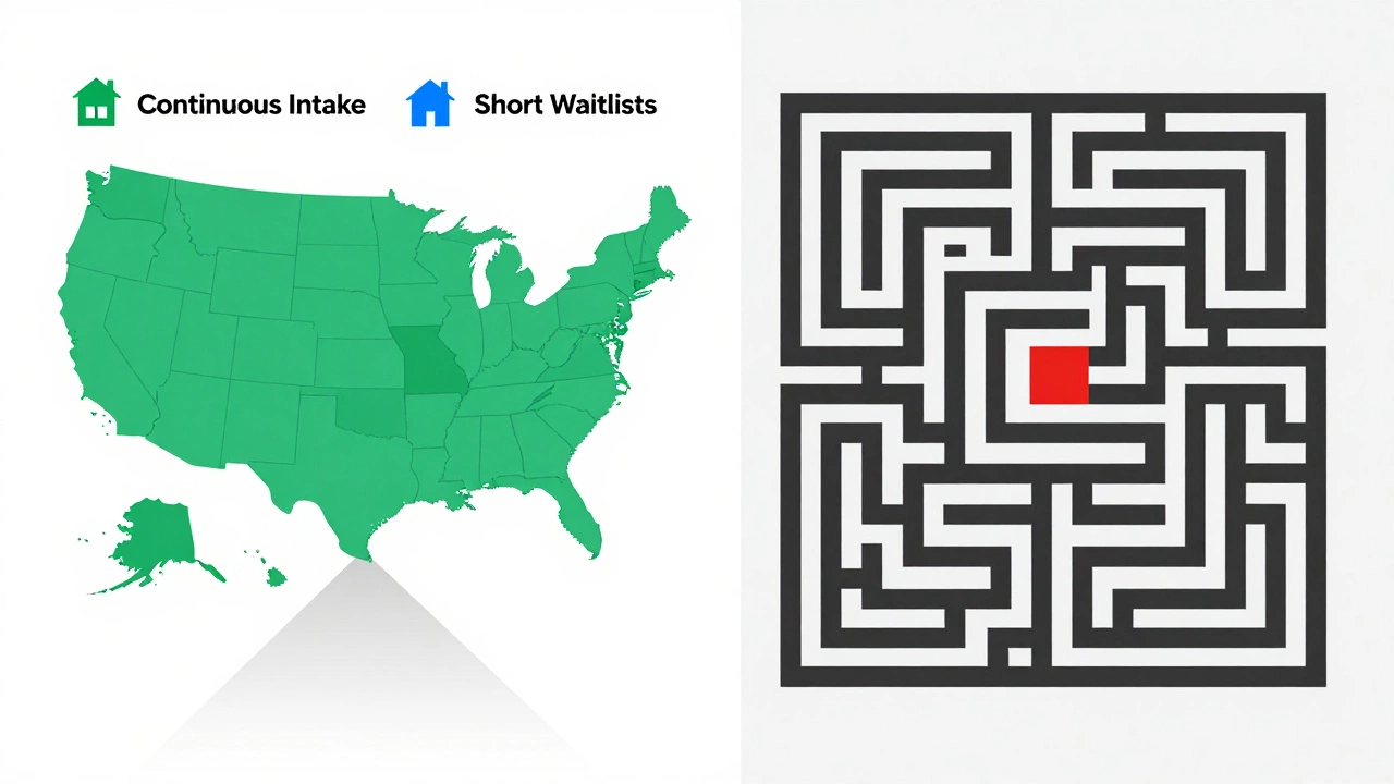 Illustration contrasting easy housing pathways with complex bureaucratic mazes across different states.
