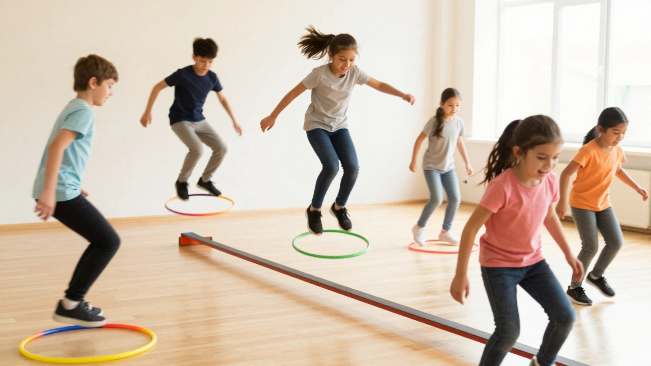 Kids running and playing in an energetic indoor obstacle course game.