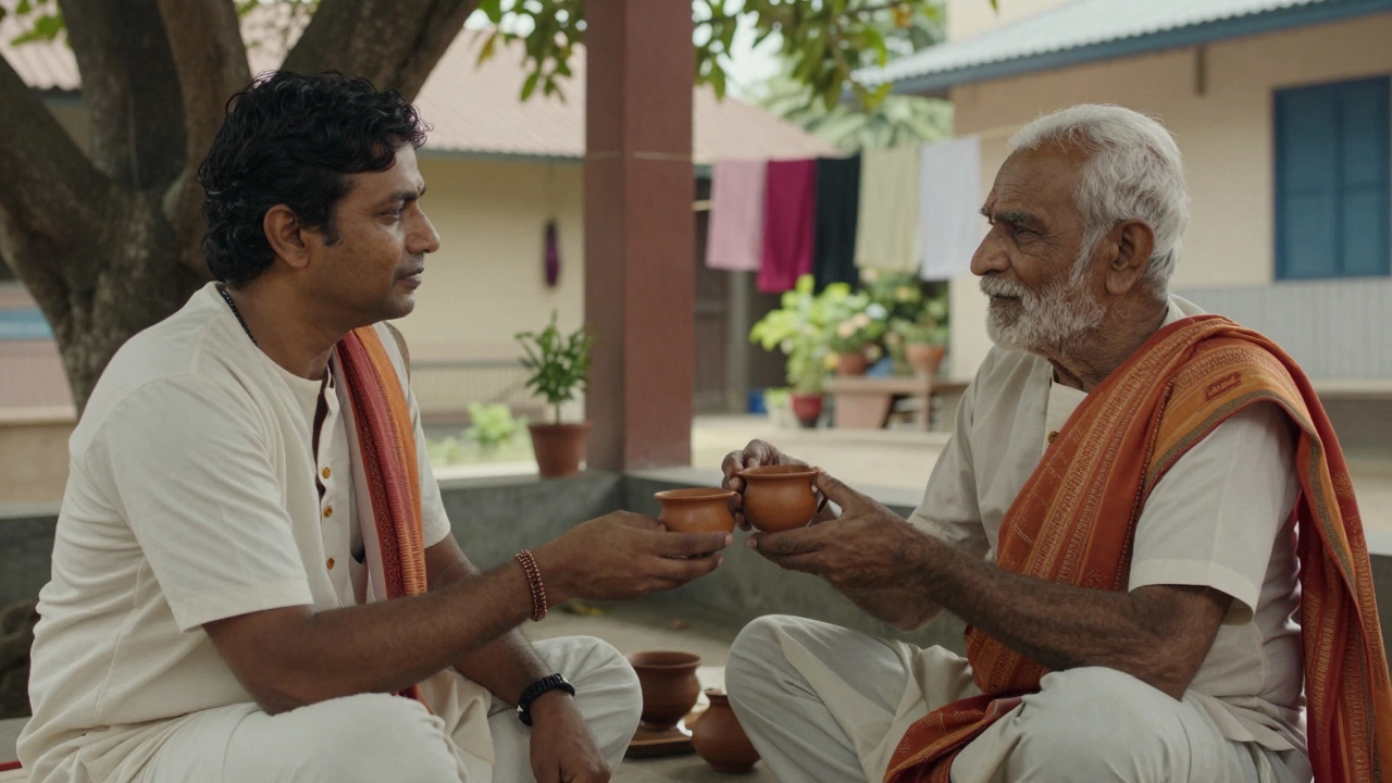 Organizer listening to a local elder during a tea meeting