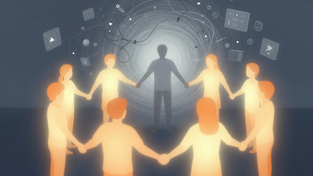People connecting to dispel stress and digital chaos visually