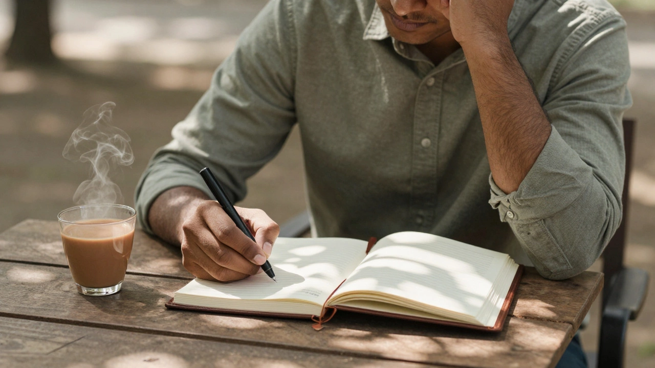 Person writing in a journal with chai, reflecting on goals