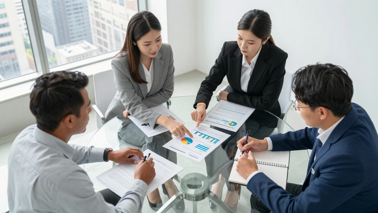 Team reviewing governance documents around a glass table in a meeting room