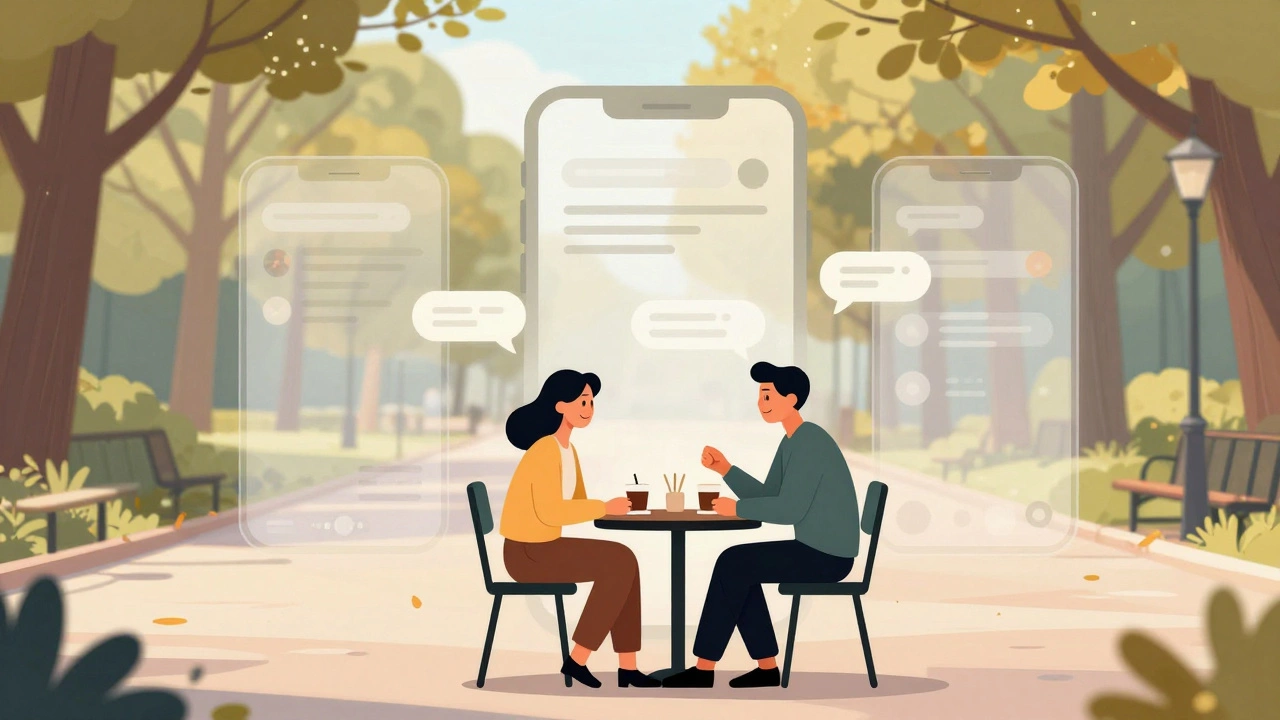 Two people enjoying coffee outdoors, moving from online to offline friendship