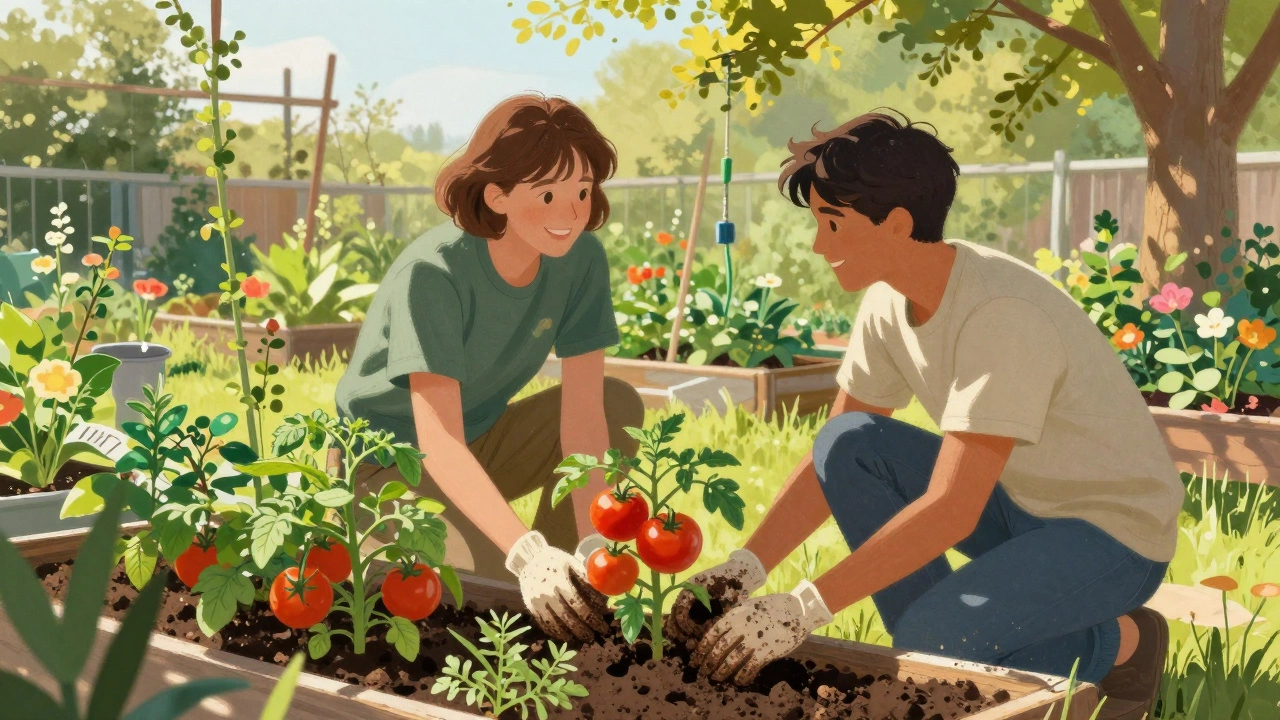 Volunteers gardening together, chatting while planting vegetables