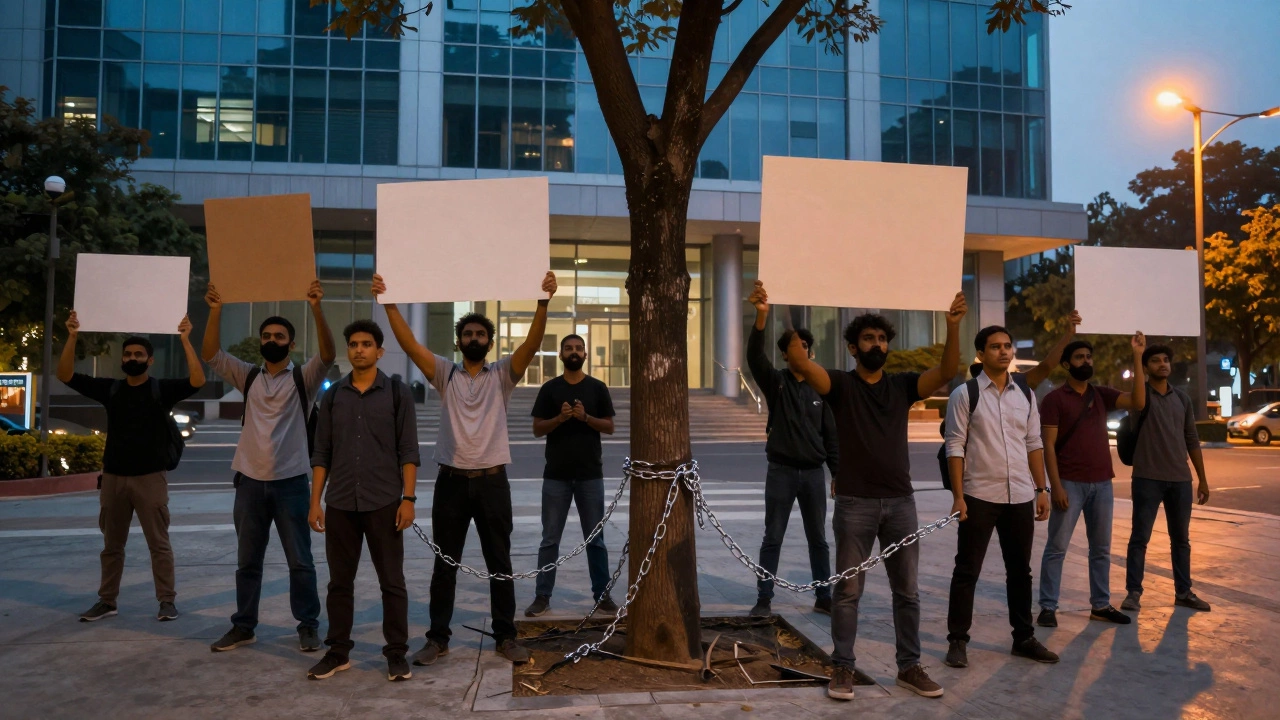 Activists protesting with chains and signs outside a modern government building.