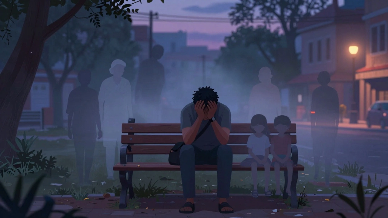 Exhausted volunteer sitting alone amidst fading memories