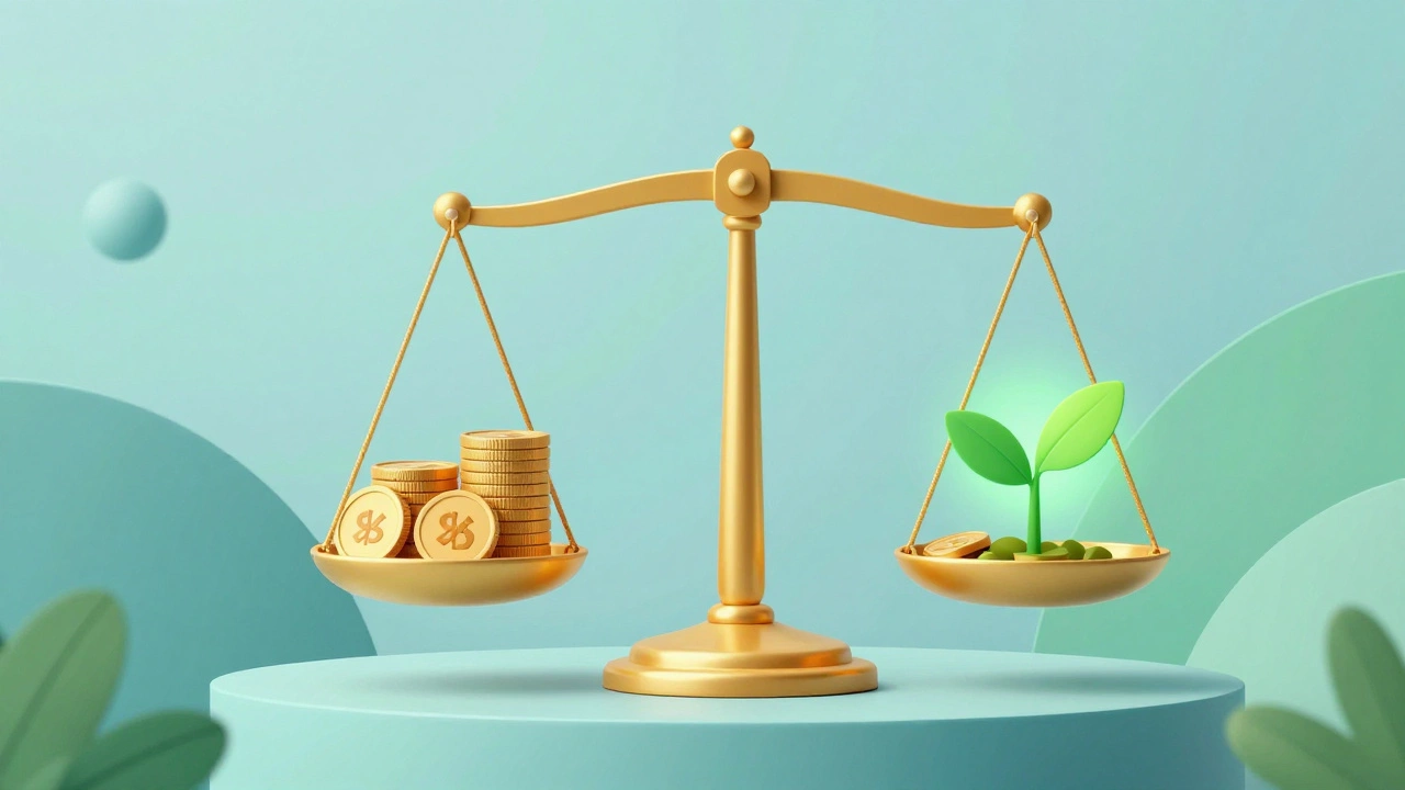 Golden scale balancing coins and a growing plant for charity funds