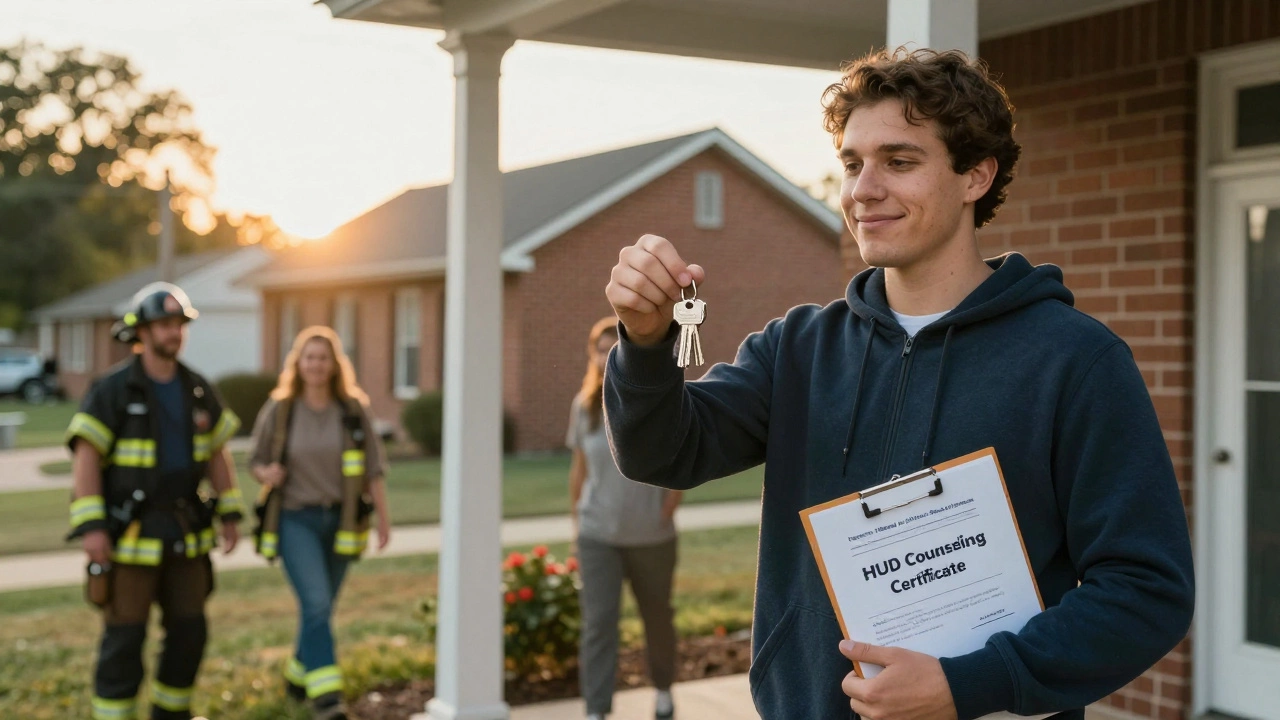 Homeowner holding keys on porch of new home in Arkansas neighborhood
