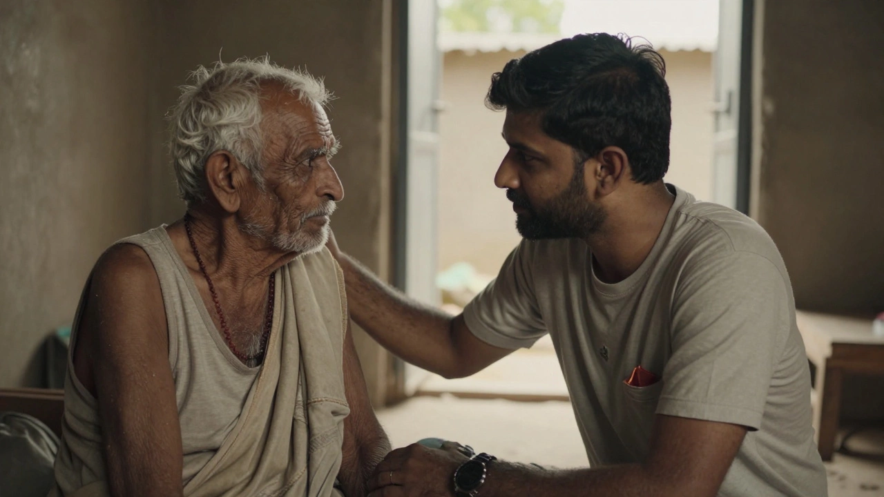Indian volunteer listening empathetically to an elderly person with respect