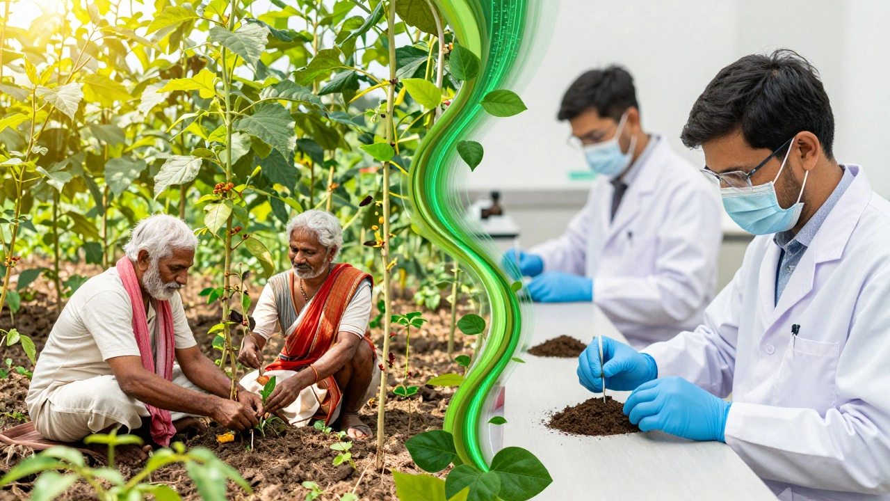 Indigenous farmers and scientists collaborating on sustainable land management.