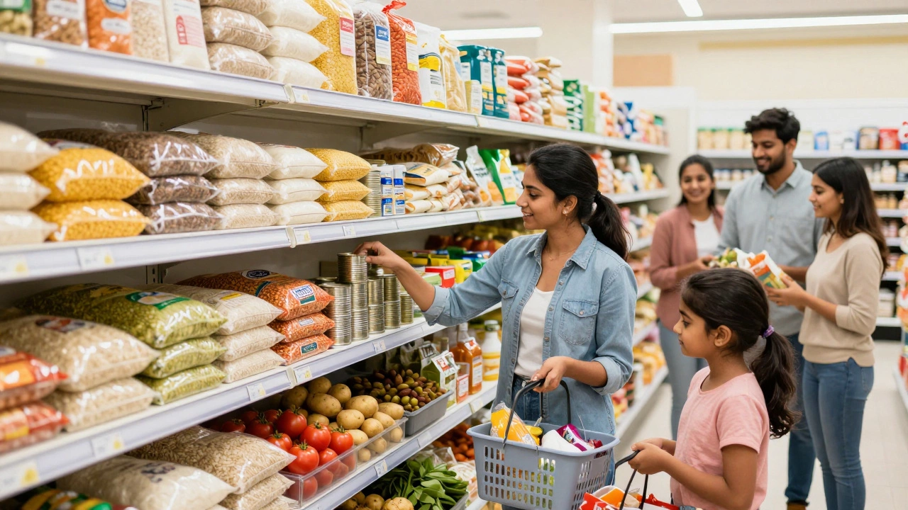 Shoppers selecting rice, lentils, and vegetables at a grocery-style food pantry