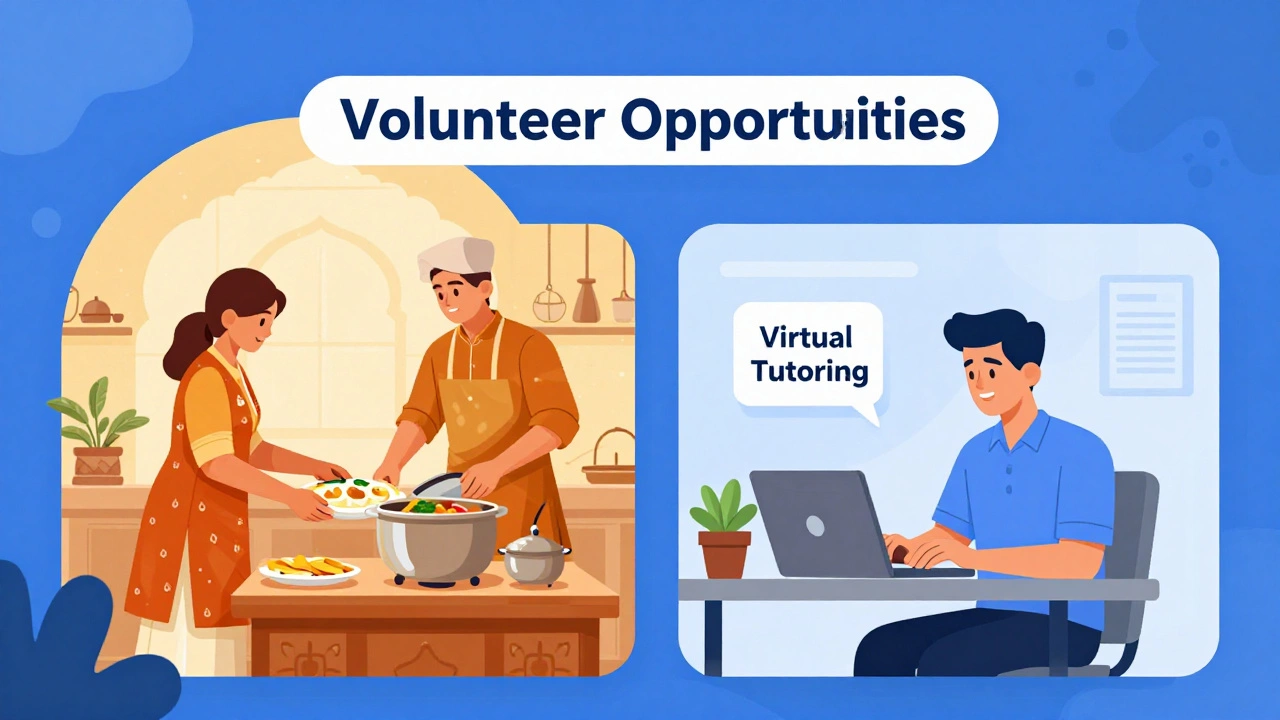 Split view of serving food and remote volunteering