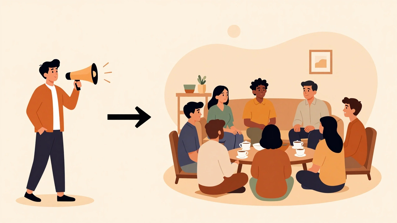 Vector art contrasting one-way outreach with collaborative engagement