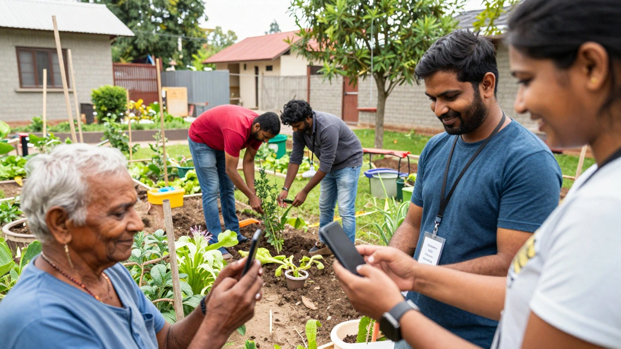 Volunteers helping seniors with tech and gardening in India