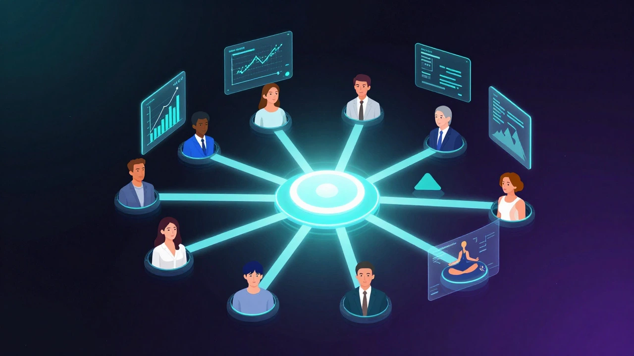 Abstract 3D graphic of diverse users connected in a digital community network.