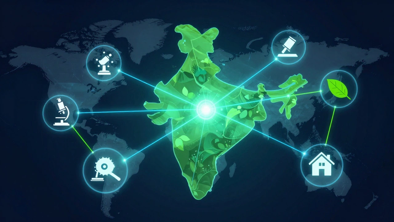 Abstract network diagram showing interconnected environmental sectors over India