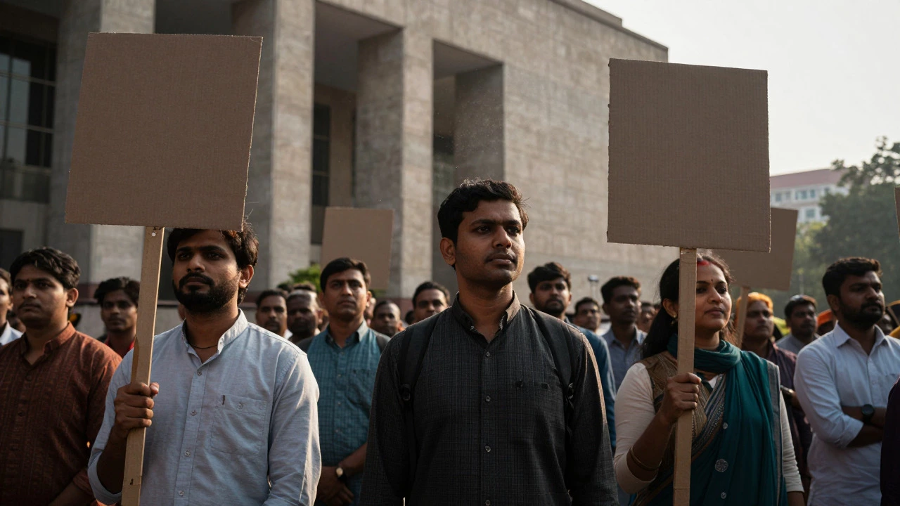 Activists protesting peacefully outside a government building in New Delhi