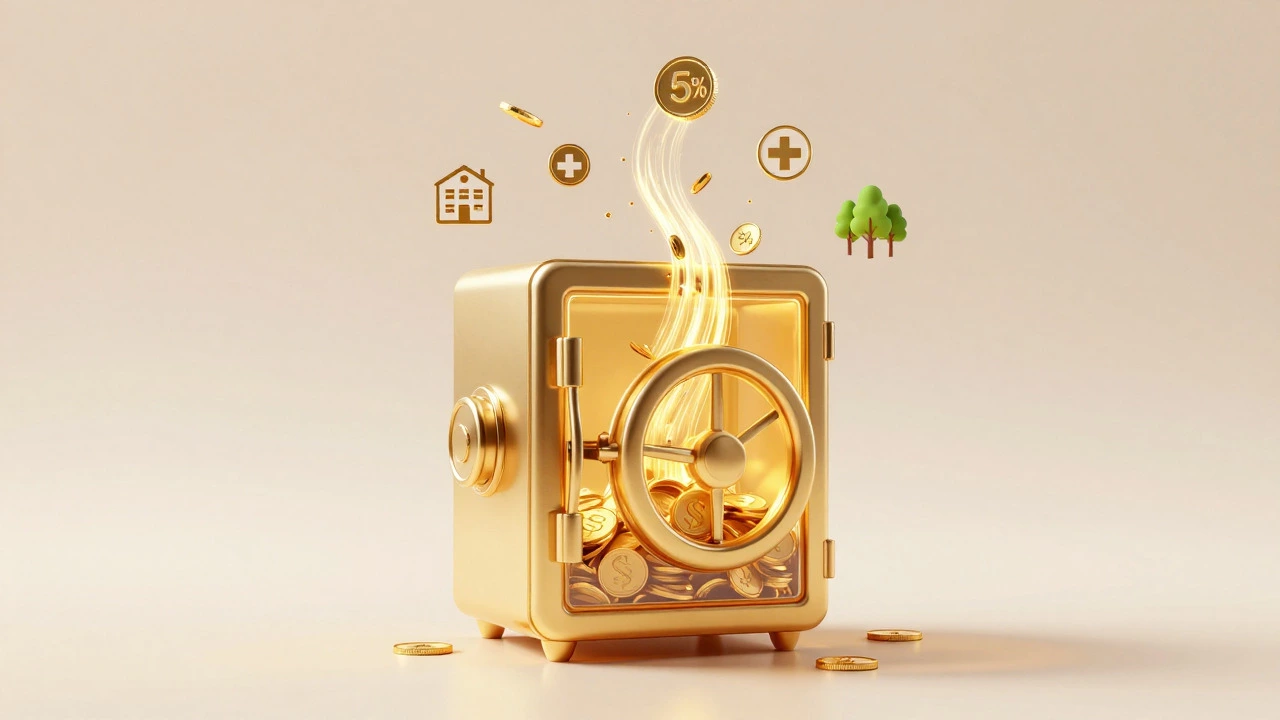 Conceptual art showing funds flowing from a vault to charity icons.