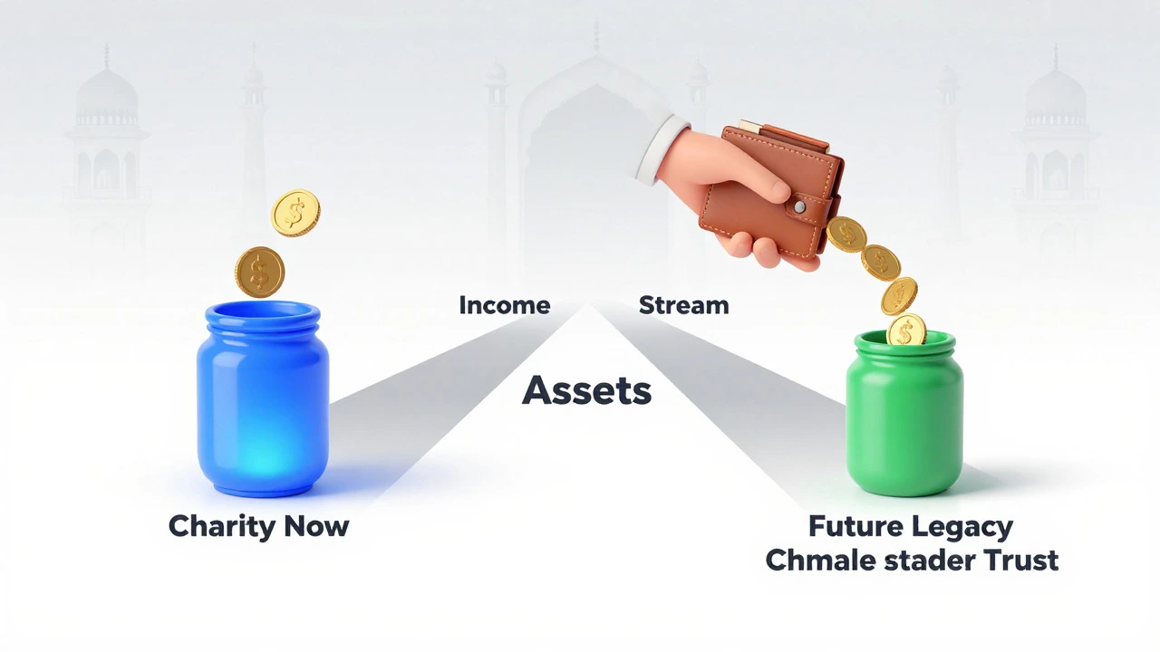 Conceptual graphic comparing immediate charity gifts versus income-first trusts