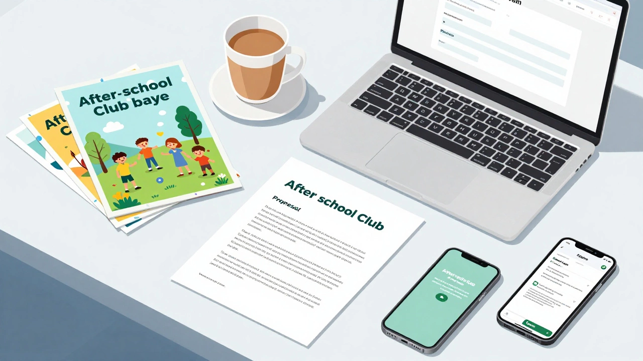 Desk setup with club proposal documents, flyers, and digital sign-up tools