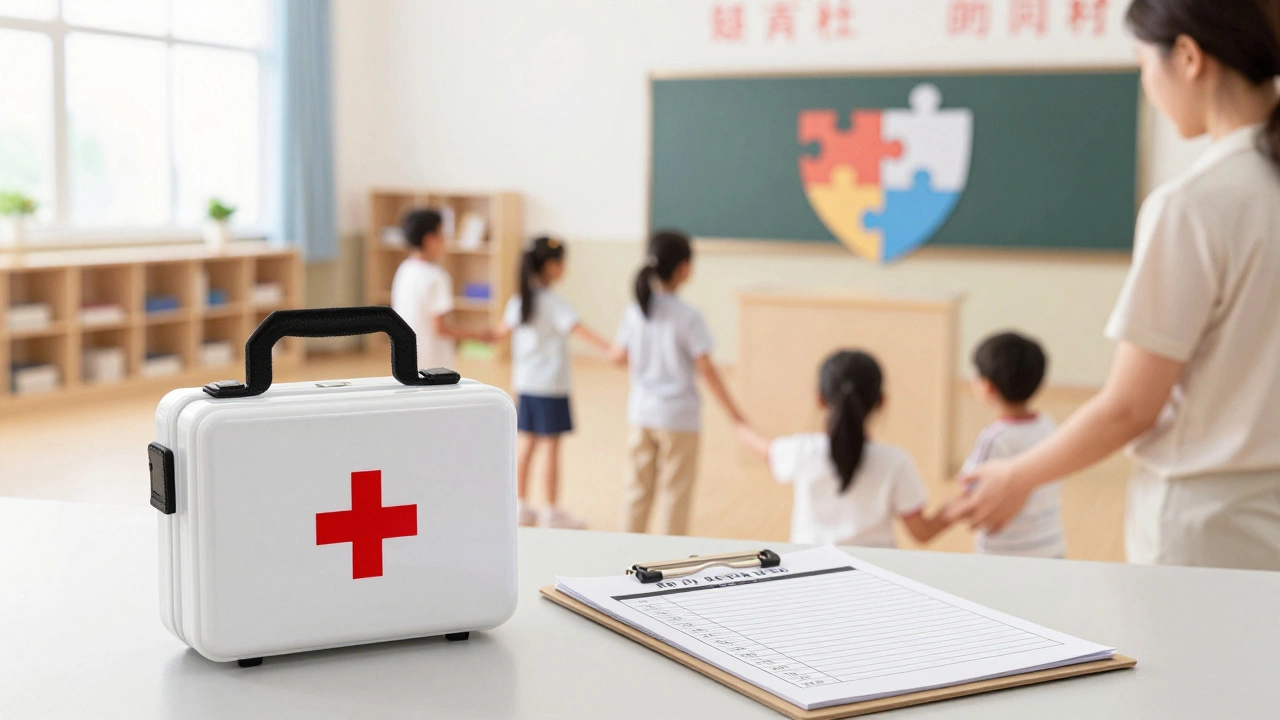 First aid kit and attendance register symbolizing safety protocols for youth clubs
