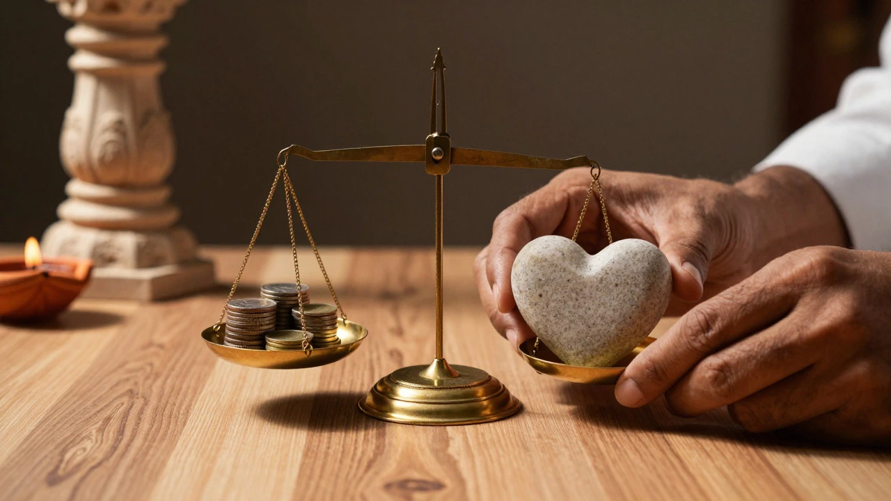 Hands balancing coins and a heart stone on a desk with Indian decor.