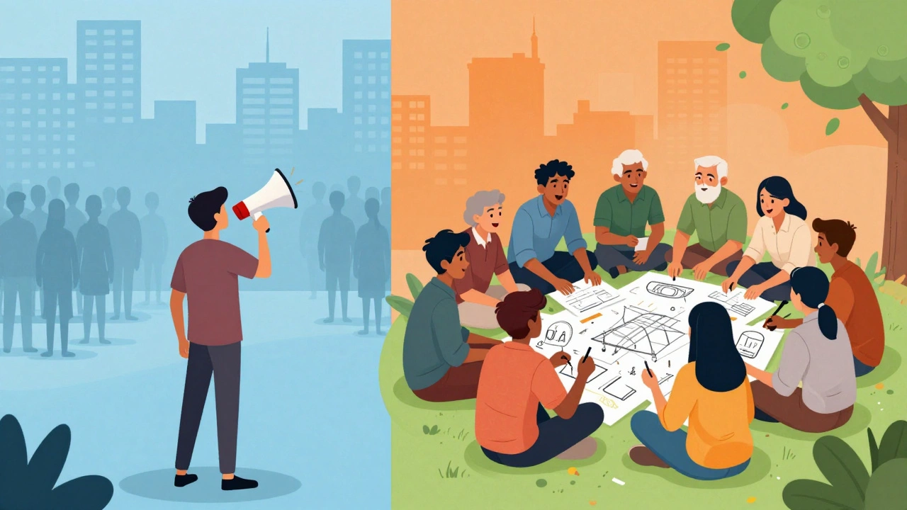 Illustration contrasting broadcasting with collaborative community planning