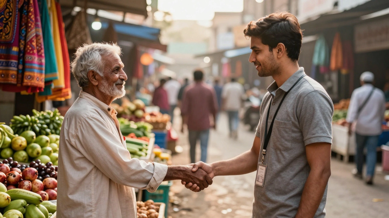 Outreach worker shaking hands with a local shopkeeper in a market