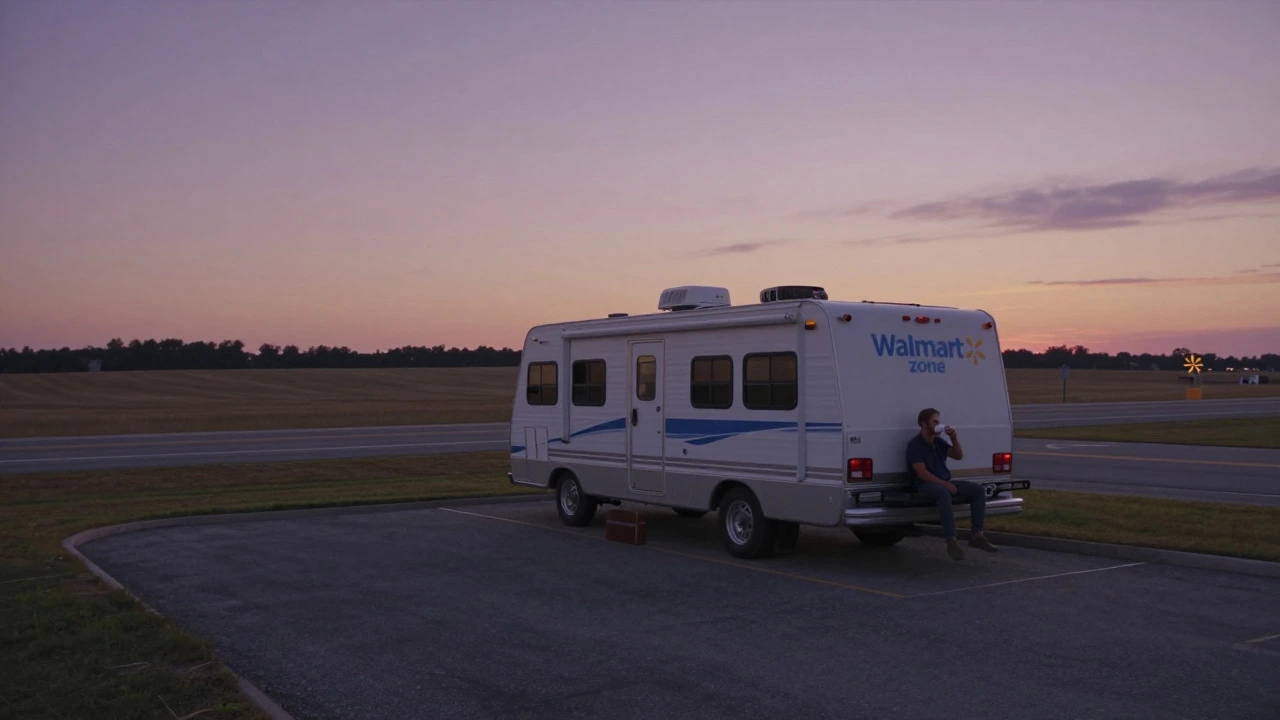 RV parked peacefully at rural Walmart during twilight
