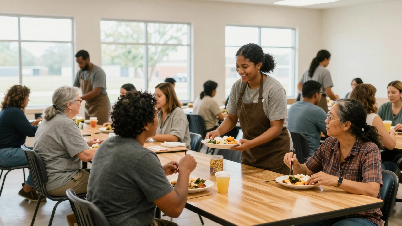 Volunteers serving meals to people in a warm community shelter